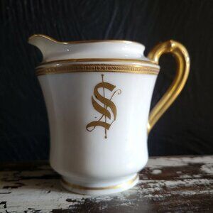 Antique Haviland Limoges France "S" Monogrammed White and Gold Porcelain Creamer
